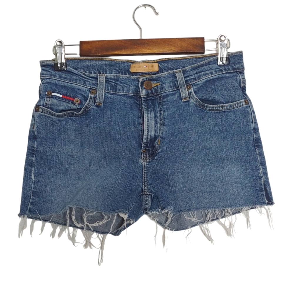 Tommy Jeans Women's Mid Rise Distressed Medium Wash Blue Jean Shorts Size 7R
